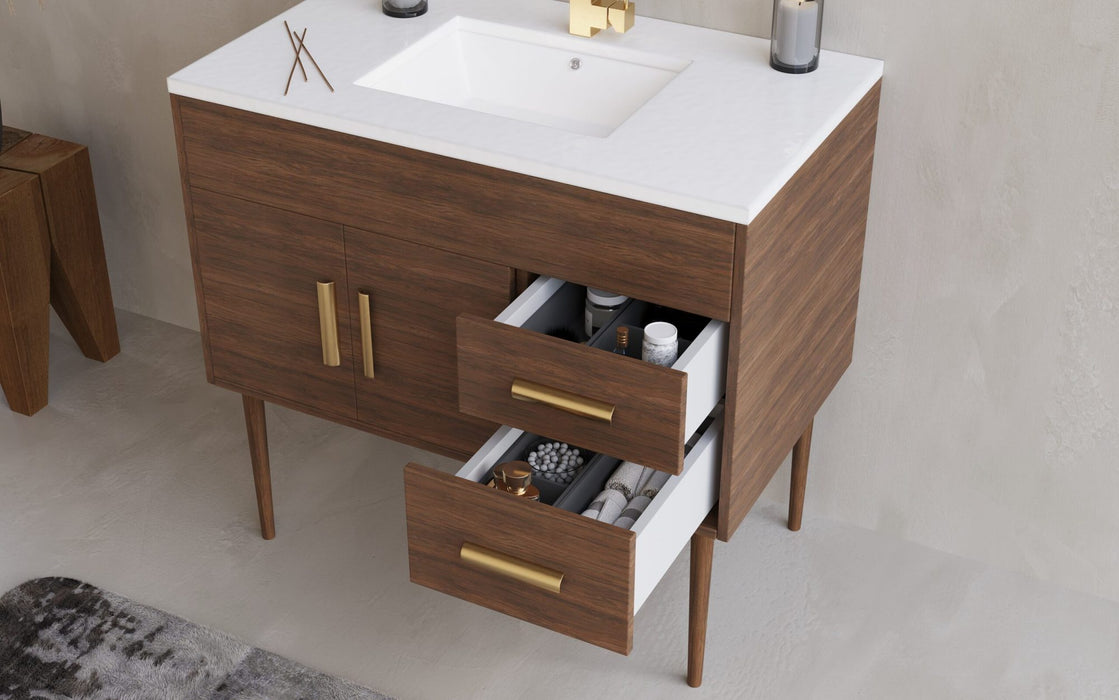 Gilded Mid Century Free Standing Bathroom Vanity Set with Quartz Top and Under Mount Sink