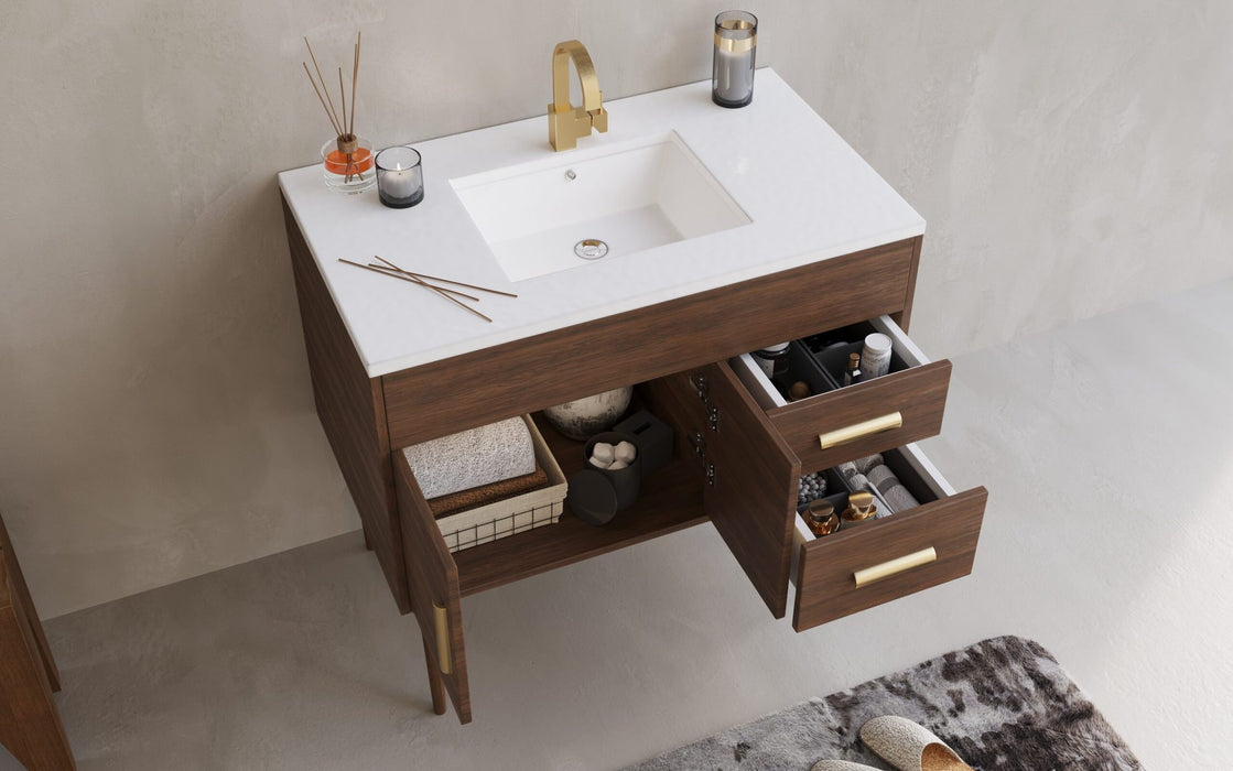 Gilded Mid Century Free Standing Bathroom Vanity Set with Quartz Top and Under Mount Sink